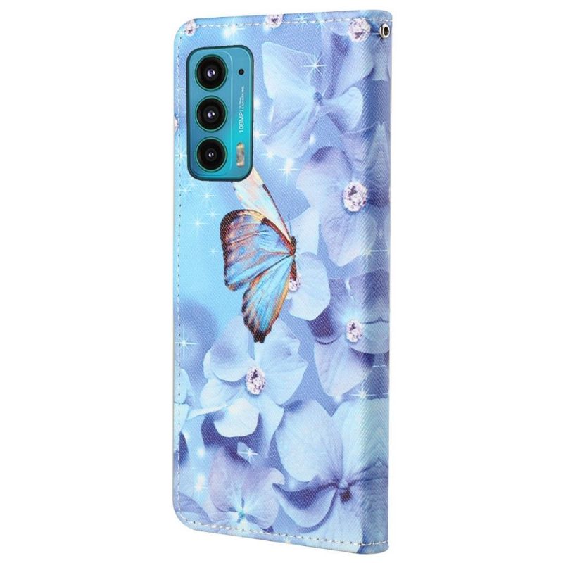 Θήκη Flip Motorola Edge 20 Πεταλούδα Και Μπλε Λουλούδια