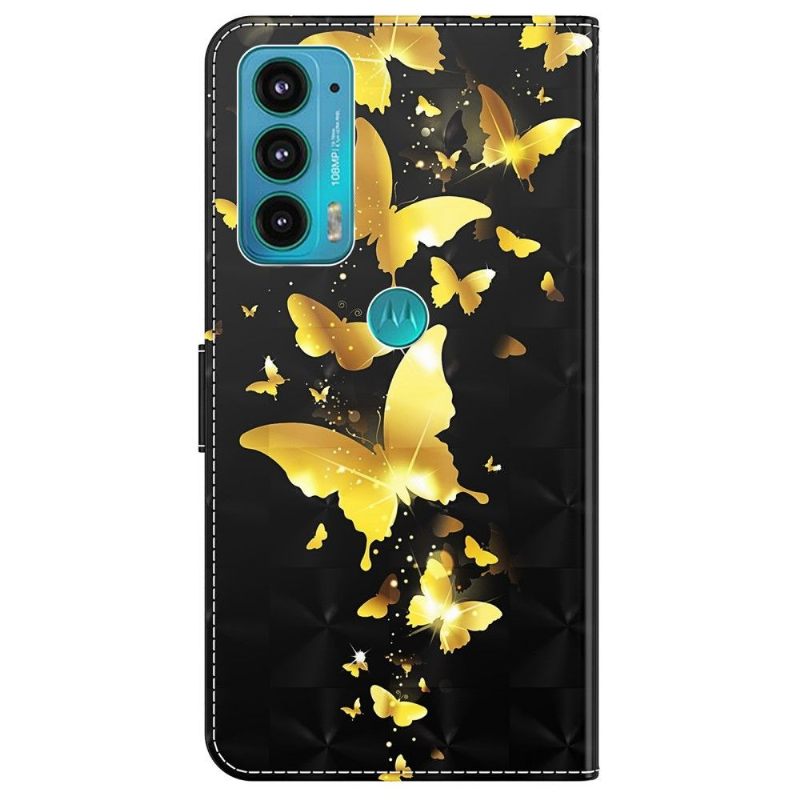 δερματινη θηκη Motorola Moto E20 / E30 / E40 Χρυσές Πεταλούδες Εικονογράφηση