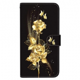Δερματινη Θηκη Realme 12 / 12x 5g Χρυσό Και Ροζ Πεταλούδα Με Λουράκι