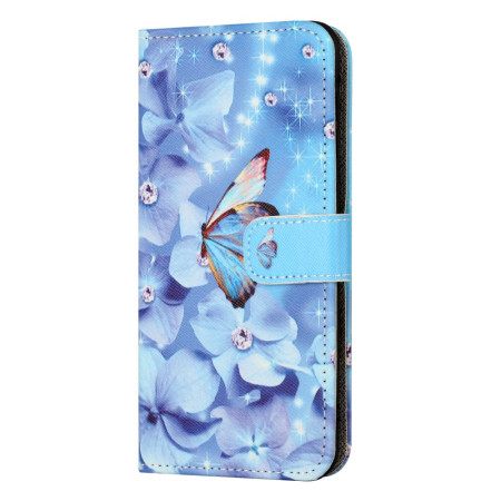 Δερματινη Θηκη Xiaomi Redmi Note 13 5g Μπλε Λουλούδια Και Πεταλούδα Με Λουράκι