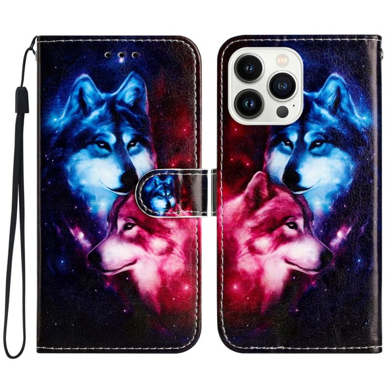 Δερματινη Θηκη iPhone 16 Pro Λύκοι Με Κορδόνι