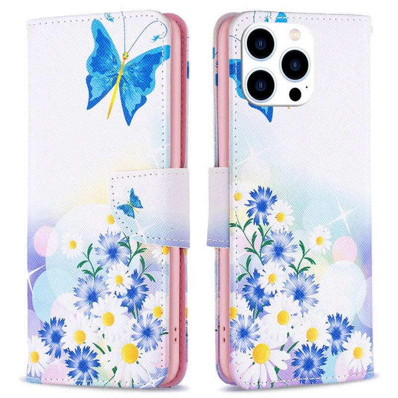 Δερματινη Θηκη iPhone 16 Pro Πεταλούδες Με Ακουαρέλα